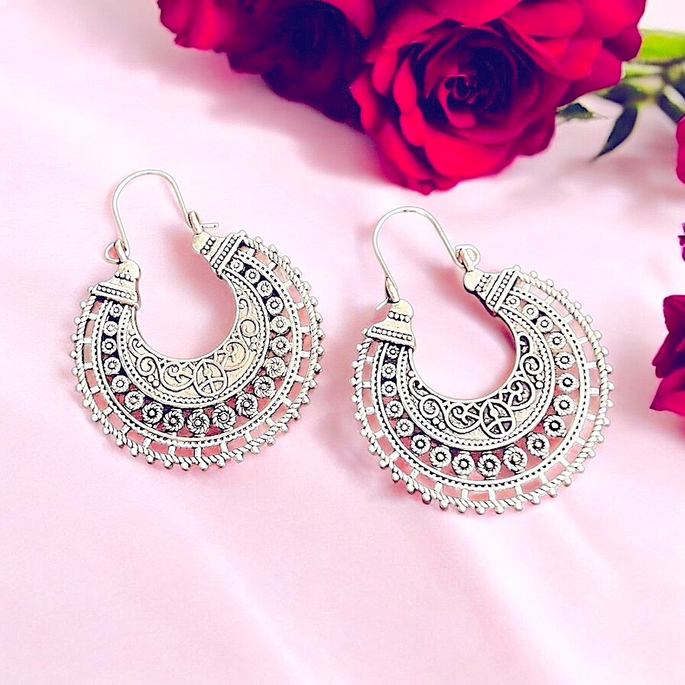 Ornate Silver Filigree Boho Hoop Earrings